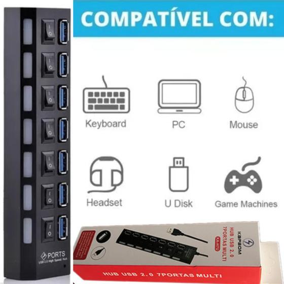 Imagem de Hub USB 2.0 7 Portas com Cabo Extensor  Ideal para Conectar Todos seus Dispositivos USB