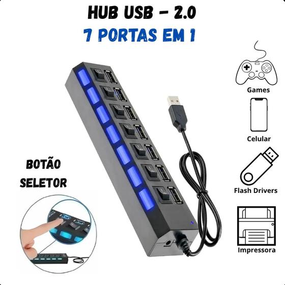 Imagem de Hub USB 2.0 7 Portas com LED  Ideal para Conectar Vários Dispositivos ao Mesmo Tempo