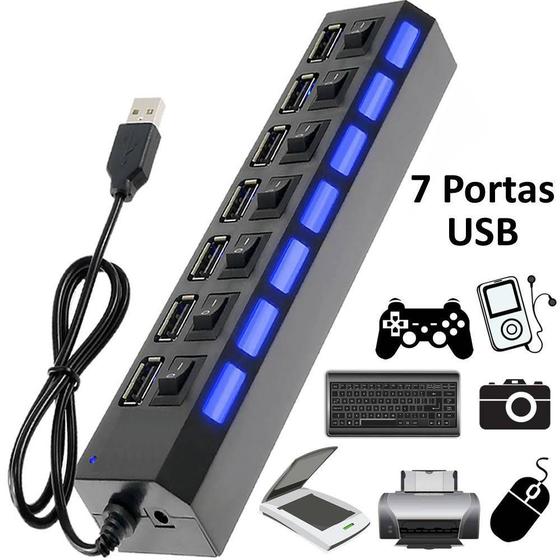 Imagem de Hub Usb 2.0 7 Portas Hi-Speed Com Chave liga desliga Com Led  