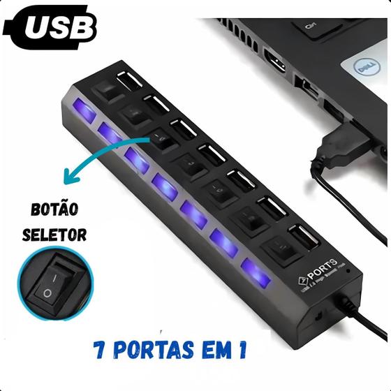 Imagem de Hub USB 2.0 com 7 Portas botão individual  Cabo Extensor para HD e Pendrive
