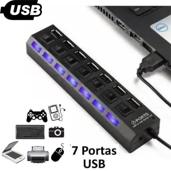 Imagem de Hub USB 2.0 com 7 Portas e Cabo Extensor  Conecte Múltiplos Dispositivos com Facilidade