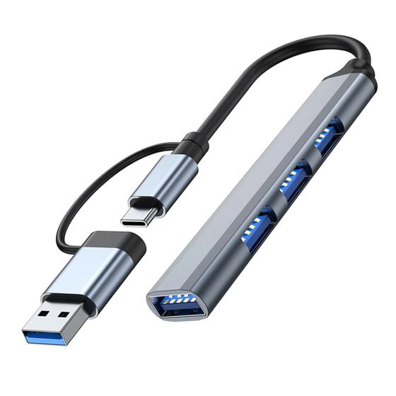 Imagem de Hub Usb 3.0 4 Portas Extensão USB-A e Tipo-C 2em1 Adaptador Pendrive