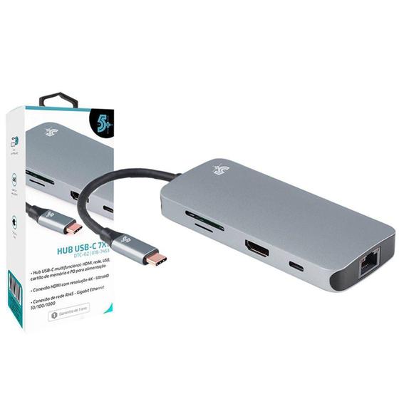 Imagem de HUB USB 5+ 7x1 UBS 3.0 Leitor de Cartões SD/Micro SD, HDMI, RJ45, USB-C - 018-7453