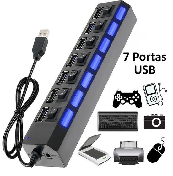 Imagem de Hub USB 7 Portas 2.0 LED indicador 480 Mbps - Preto