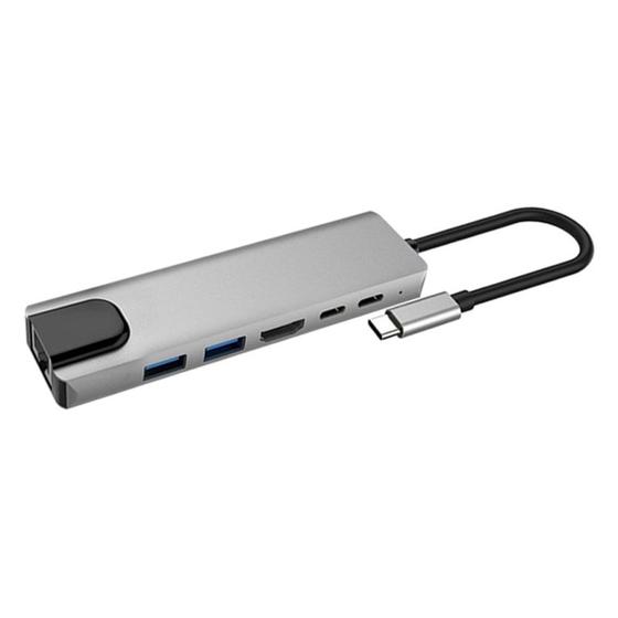 Imagem de Hub USB C 6 em 1 com 2 USB 3.0 1x USB-C 1x Ethernet 1xPD 1x HDMI 4k