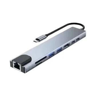 Imagem de Hub USB-C 8 em 1 com HDMI 4K, RJ45, Leitor de Cartões TF/SD e 3 Portas USB - Compatível com Macbook e Laptops