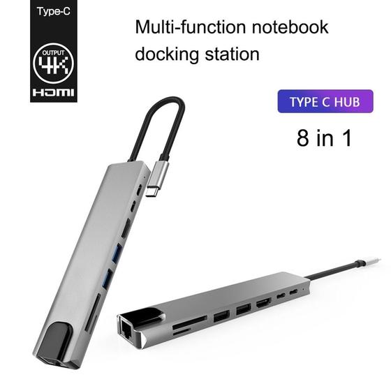 Imagem de Hub USB-C 8 em 1 com PD - RJ45, HDMI, USB 3.0/2.0