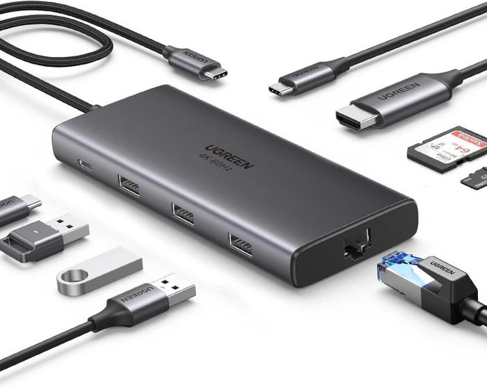 Imagem de Hub USB-C 9 em 1 Cinza 10Gbps 4K HDMI 100W RJ45 Leitor SD/Micro SD - Ugreen