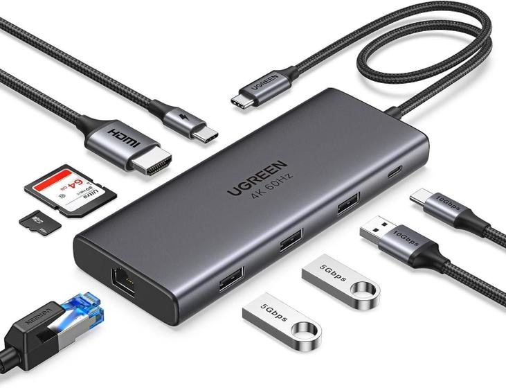 Imagem de Hub USB-C 9 em 1 Ugreen HDMI 4K, USB-A 3.2, Ethernet - Cinza