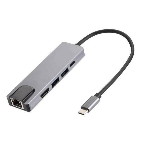 Imagem de Hub USB-C MD9 5 Portas RJ45 100MBPS 1 HDMI 1 Lan 2 USB 3.0 1 USB-C Fêmea - 9621