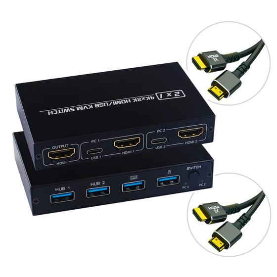 Imagem de Hub USB Chaveador Switch Kvm 2 Portas 4k Conecta 2 PC a 1 Monitor Mouse Teclado c/ Cabo HDMI