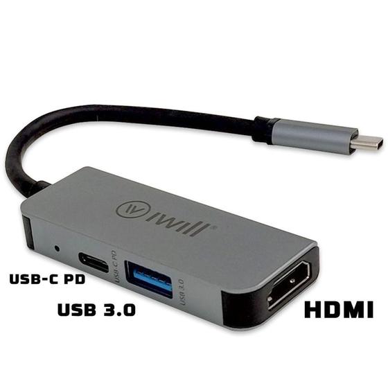Imagem de Hub Usb Tipo C, 3 Em 1, Hdmi, Usb, Usb-c - Iwill