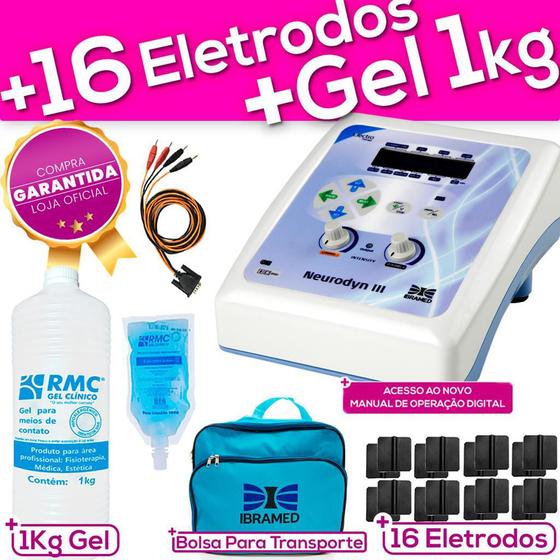 Ibramed - kit neurodyn iii + 12 eletrodos 5x5 + gel 1kg Menor preço em Ibramed - kit neurodyn iii + 12 eletrodos 5x5 + gel 1kg