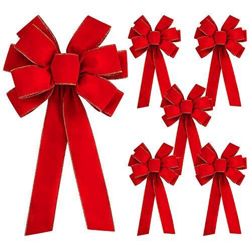 Imagem de Iceyyyyy 6 PCS Extra Grande Arco de Natal - 30,7" x 10,6" Dia dos Namorados de Natal Golden Edged Red Velvet Red Velvet Coroa Bow Árvore de Natal Topper Ornament Bow para Decoração de Árvore de Natal Casa Wreath