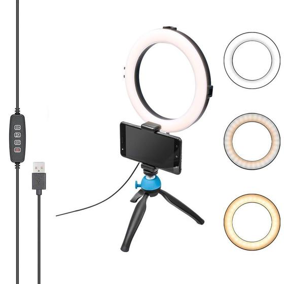 Imagem de Iluminador Led Ring Light 20 cm 8 Polegadas Com Tripé de Mesa e Suporte de Celular 3 Tons de Luz