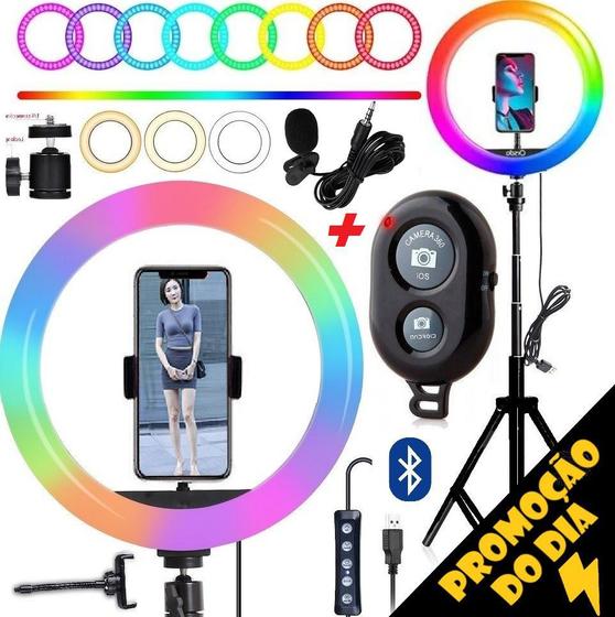 Imagem de Iluminador Ring Light Anel Luz Led Colorida Rgb Vìdeo Profissional 26cm Tripé Suporte Celular Bluetooth Microfone Lapela