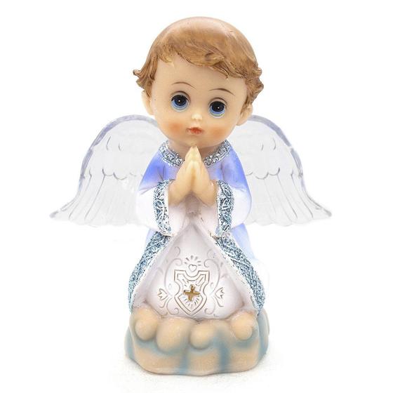 Imagem de Imagem Anjo da Guarda Azul Rezando com Led Importado Resina 12 cm