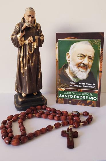Imagem de Imagem Padre Pio Gesso Em Acabamento Fino - 20cm + Terço em Madeira + Folheto