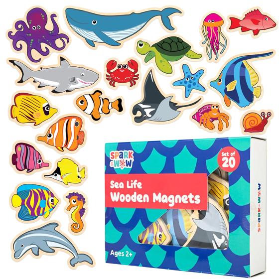 Imagem de Ímãs de Madeira SPARK & WOW Sea Life - Conjunto com 20 Peças (2+ anos)