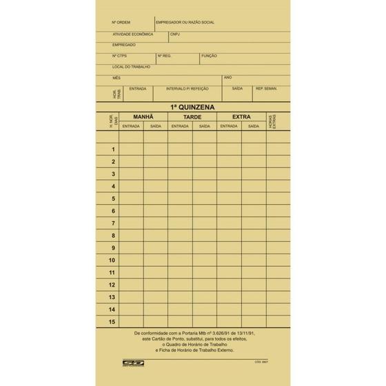 Imagem de Impresso Cartão de Ponto Mensal Palha 86X180MM  PCT com 100