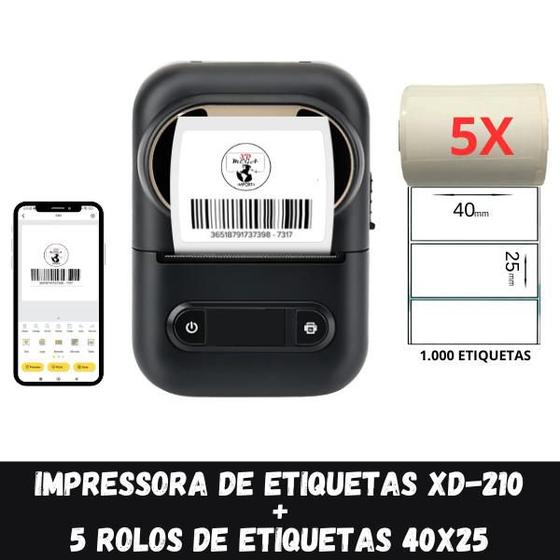 Imagem de Impressora Etiqueta XD-210 + 5 Rolos Etiqueta Adesiva 40x25
