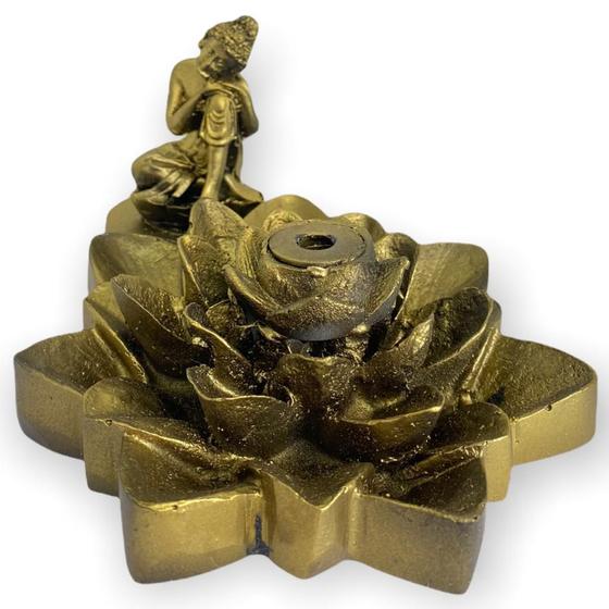 Imagem de Incensário Cascata Flor De Lotus Buda Ajoelhado Dourado 7 Cm