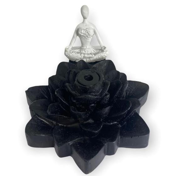 Imagem de Incensário Cascata Flor De Lotus Yoga Branco E Preto 7 Cm