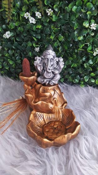 Imagem de Incensário Efeito Cascata Flor de Lótus Ganesha Backflow Vareta Dourado Velho