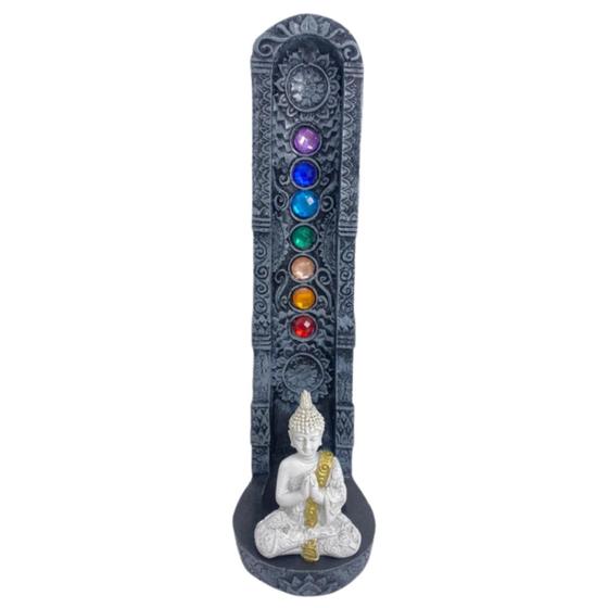 Imagem de Incensário Indiano Cinza 7 Chakras Buda Branco Vertical 22Cm