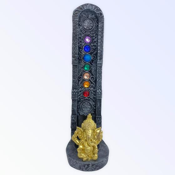 Imagem de Incensário indiano cinza 7 chakras Ganesh dourado 47161 vertical 22 cm em resina