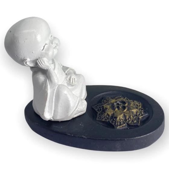 Imagem de Incensário Mini Oval Buda menino branco e preto 5 cm em resina 47-227