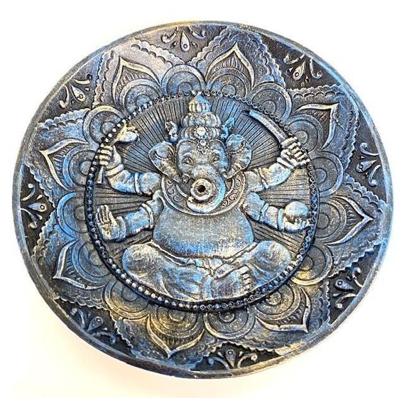 Imagem de Incensário Prato Ganesha 12 Cm Resina Azul Patinado