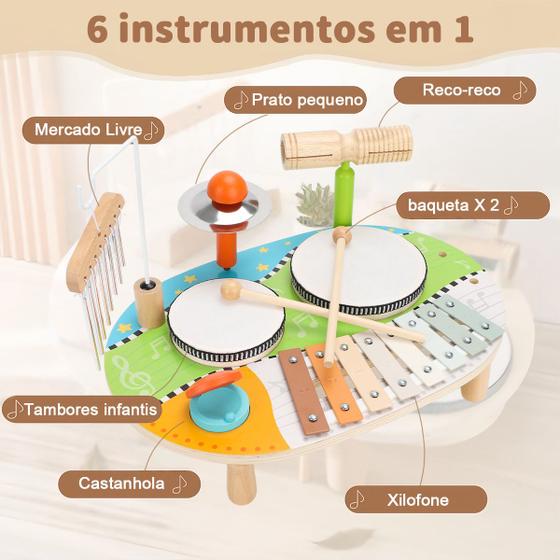 Instrumento Musical De Percussão Brinquedo Educativo Infantil Sensorial de Madeira Xilofone Tambor Prato Reco Reco Castanhola - Brastoy