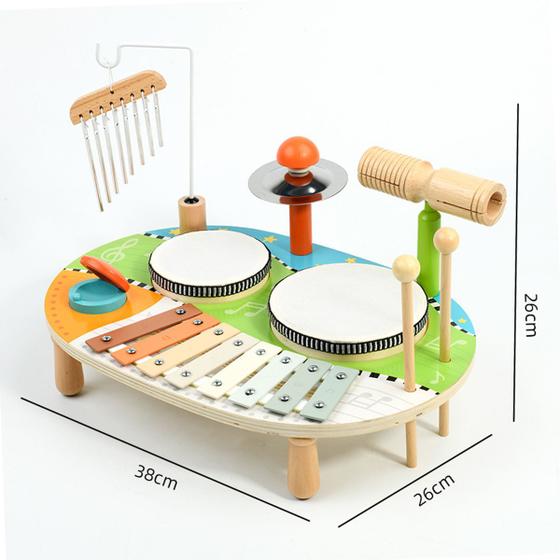 Instrumento Musical De Percussão Brinquedo Educativo Infantil Sensorial de Madeira Xilofone Tambor Prato Reco Reco Castanhola - Brastoy