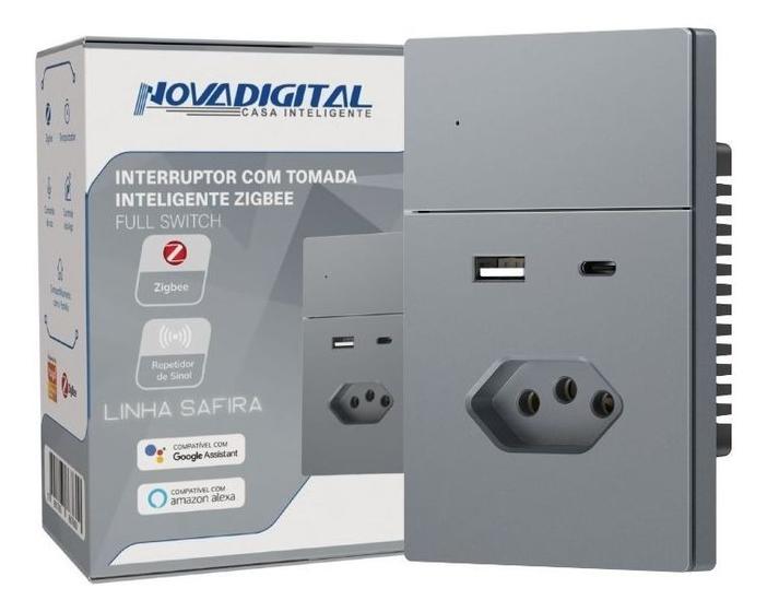 Imagem de Interruptor 1 Botão Com Tomada 10a Entrada Usb + Usb C Nova dIgital cinza Grafite