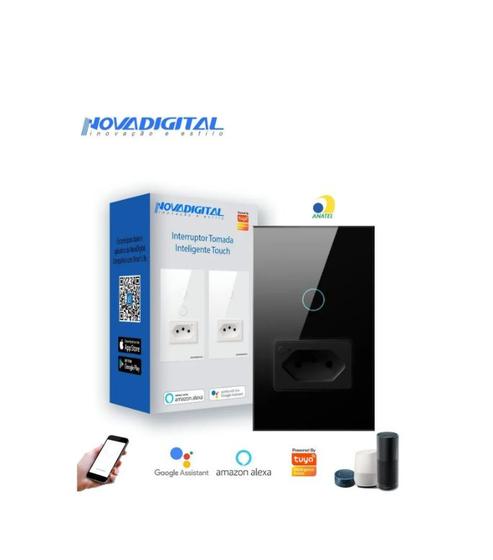 Imagem de Interruptor com Tomada Preto 1 tecla Novadigital Wi-Fi