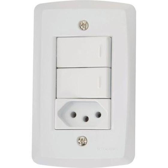 Imagem de Interruptor Duplo Simples 4X2 com 2 Teclas + 1 Tomada 2P+T 10A 250V 57145/073 Branco Tramontina