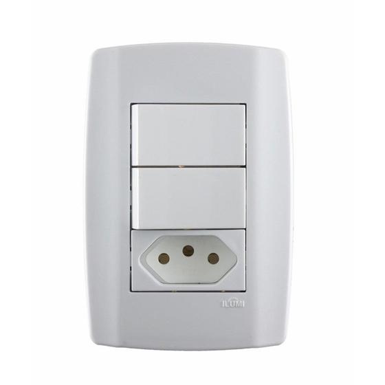 Imagem de Interruptor Ilumi 2 Tecla Simples + 1 Tomada com Placa Slim 2 Polos + Terra 10A 4 x 2