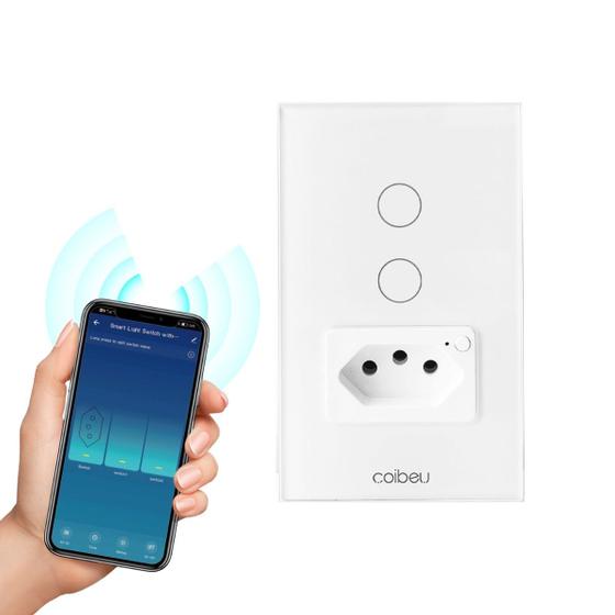 Imagem de Interruptor Inteligente WiFi branco 2 botões com Tomada Smart Sem Fio Doméstico Multifuncional Alexa google home