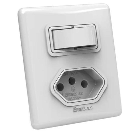 Imagem de Interruptor Simples 10A 1 Tecla e Tomada Branco Linha E SX Enerbras