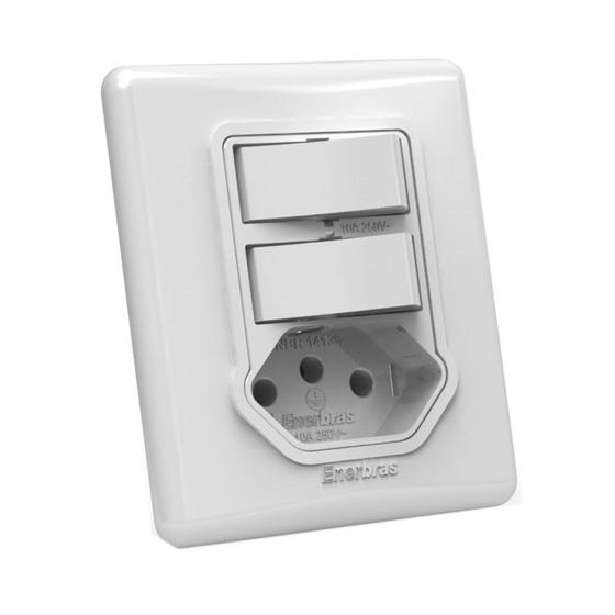 Interruptor Simples 10A 2 Teclas e Tomada Branco Linha E SX Enerbras Menor preço em Interruptor Simples 10A 2 Teclas e Tomada Branco Linha E SX Enerbras