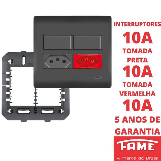 Imagem de Interruptor Simples 10A 2 Teclas Tomada Padrão 2P+T 10A Preta e Vermelha Com Placa 4X4 Habitat Black FAME