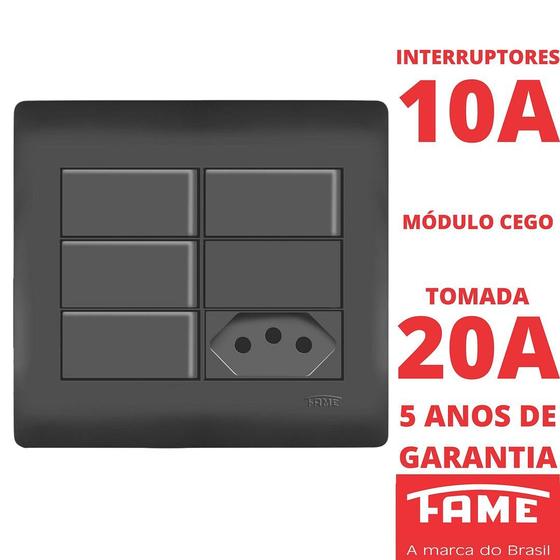 Imagem de Interruptor Simples 10A 4 Teclas Tomada Padrão 2P+T 20A E Módulo Cego Com Placa 4X4 Habitat Preto FAME