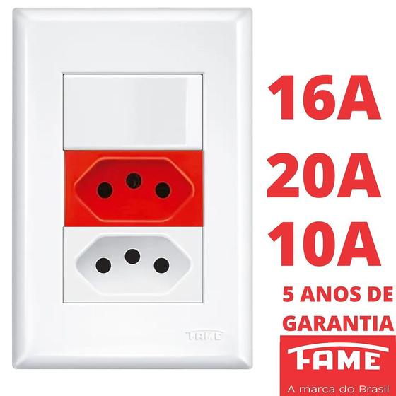 Imagem de Interruptor Simples 16A, Tomada Padrão 2P+T 10A Branca e Tomada Padrão 2P+T 20A Vermelha Com Placa Evidence FAME