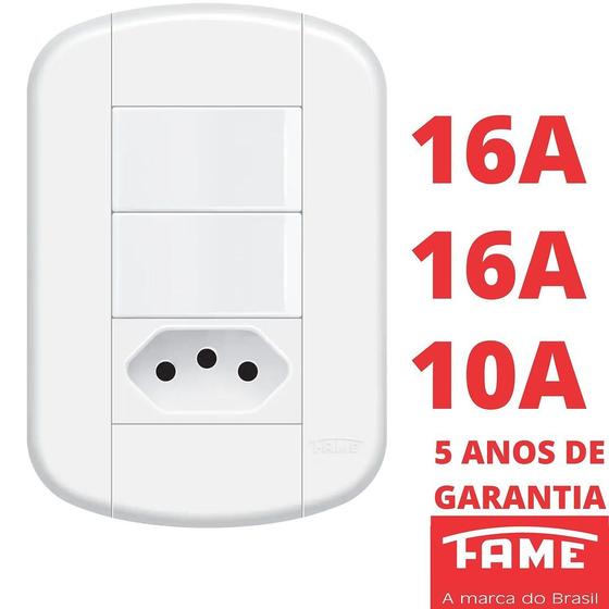 Imagem de Interruptor Simples 2 Teclas 16A e Tomada Padrão 2P+T 10A Com Placa Blanc Mais FAME