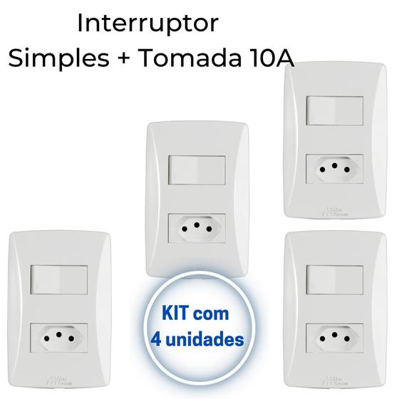 Imagem de Interruptor Simples + Tomada 10A Mec-tronic Branco com Placa 4x2 - Kit c/ 4 unidades