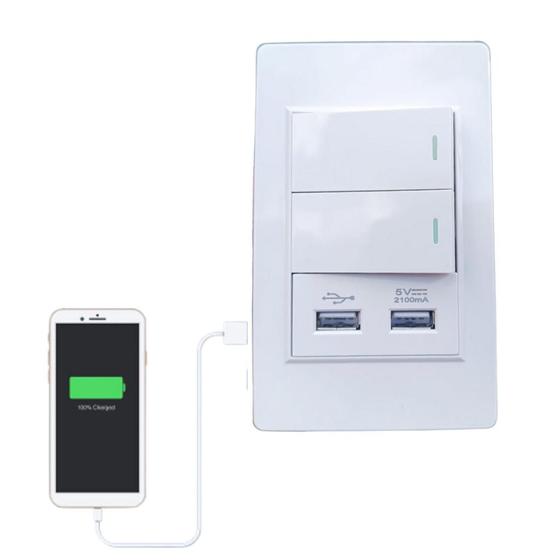 Imagem de Interruptor Tomada De Parede Duplo Com 2 Entrada Usb 2.1a 5v Bivolt Casa