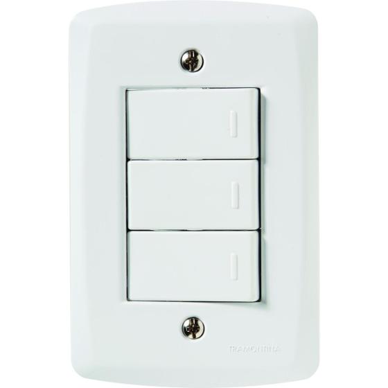 Imagem de Interruptor Triplo Simples 3 Teclas com Placa Branca Lux2 4x2 10A 250V Tramontina