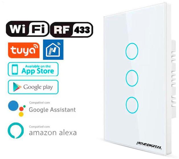 Imagem de Interruptor Wifi Touch Inteligente RF 3 Botões NovaDigital WS-US3
