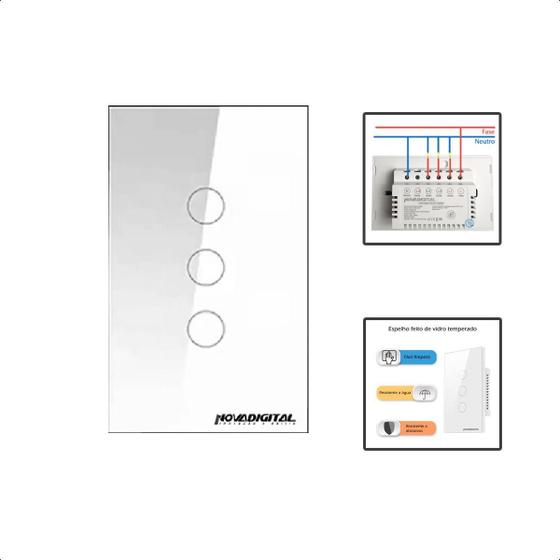 Imagem de Interruptor Zigbee Touch 3 Botões Inteligente 4X2 - Branco